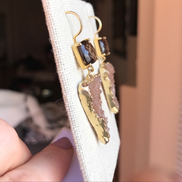 Smokey Quartz and Druzy gold plated wire back Earrings - Picture 11 of 11